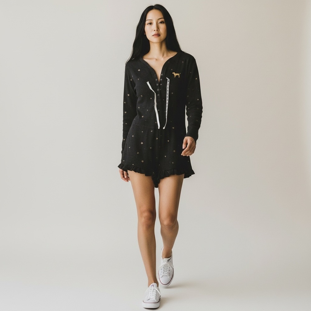 PINK Victoria's Secret Black Star-Print Henley pajamas with Gold Dog Motif​